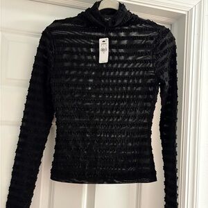 Womens Black Textured Long-Sleeve Mock Neck Top